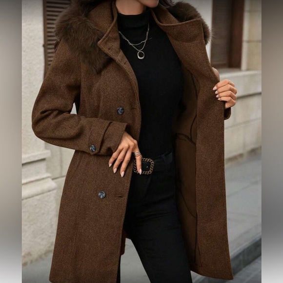 Women's Brown Double-Breasted Coat with Faux Fur Collar - Picture 3 of 7